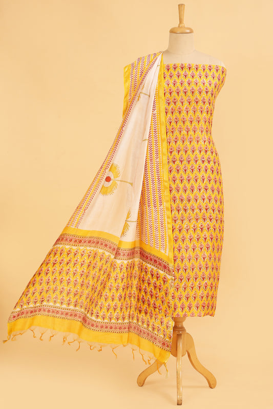 Yellow Pure Hand Block Chanderi unstitched suit set with pure Cotton striped handblock Bottom