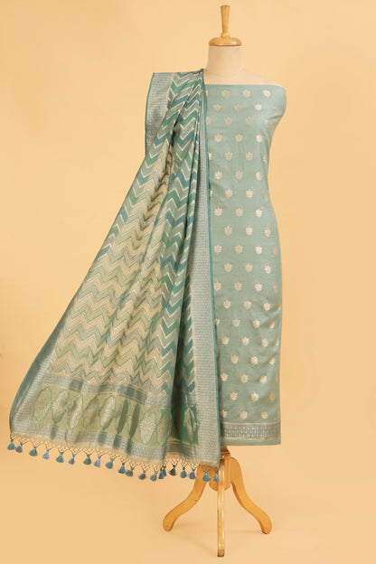 Aqua Green Banarasi Chanderi Silk unstitched suit set in Zari Buti woven shirt paired with Rangkaat and woven dupatta