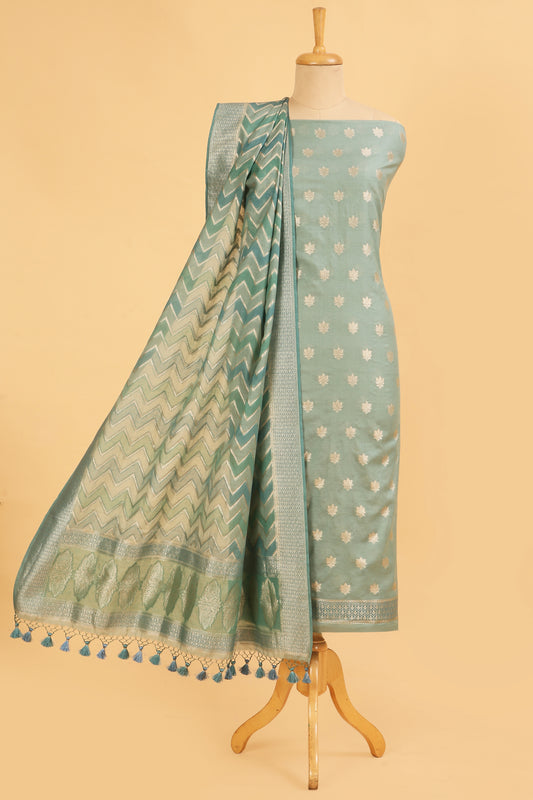Aqua Green Banarasi Chanderi Silk unstitched suit set in Zari Buti woven shirt paired with Rangkaat and woven dupatta