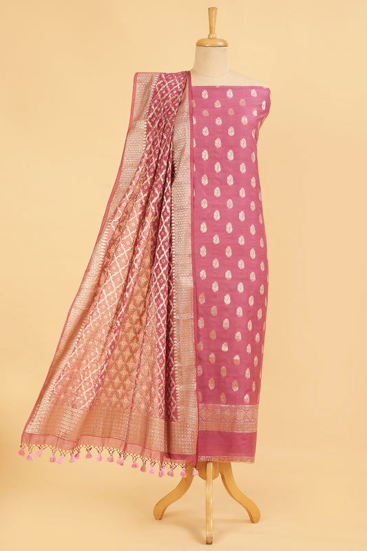 Light Pink Banarasi Chanderi Silk unstitched suit set in Zari Buti woven shirt with Bandhani and woven dupatta