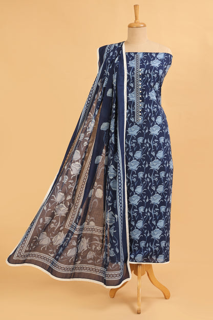 Blue Floral Pure Cotton Unstitched Suit Set with printed dupatta