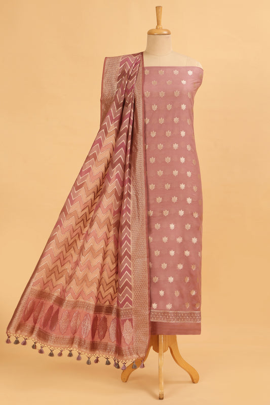 Blush Nude Banarasi Chanderi Silk unstitched suit set in Zari Buti woven shirt paired with Rangkaat and woven dupatta