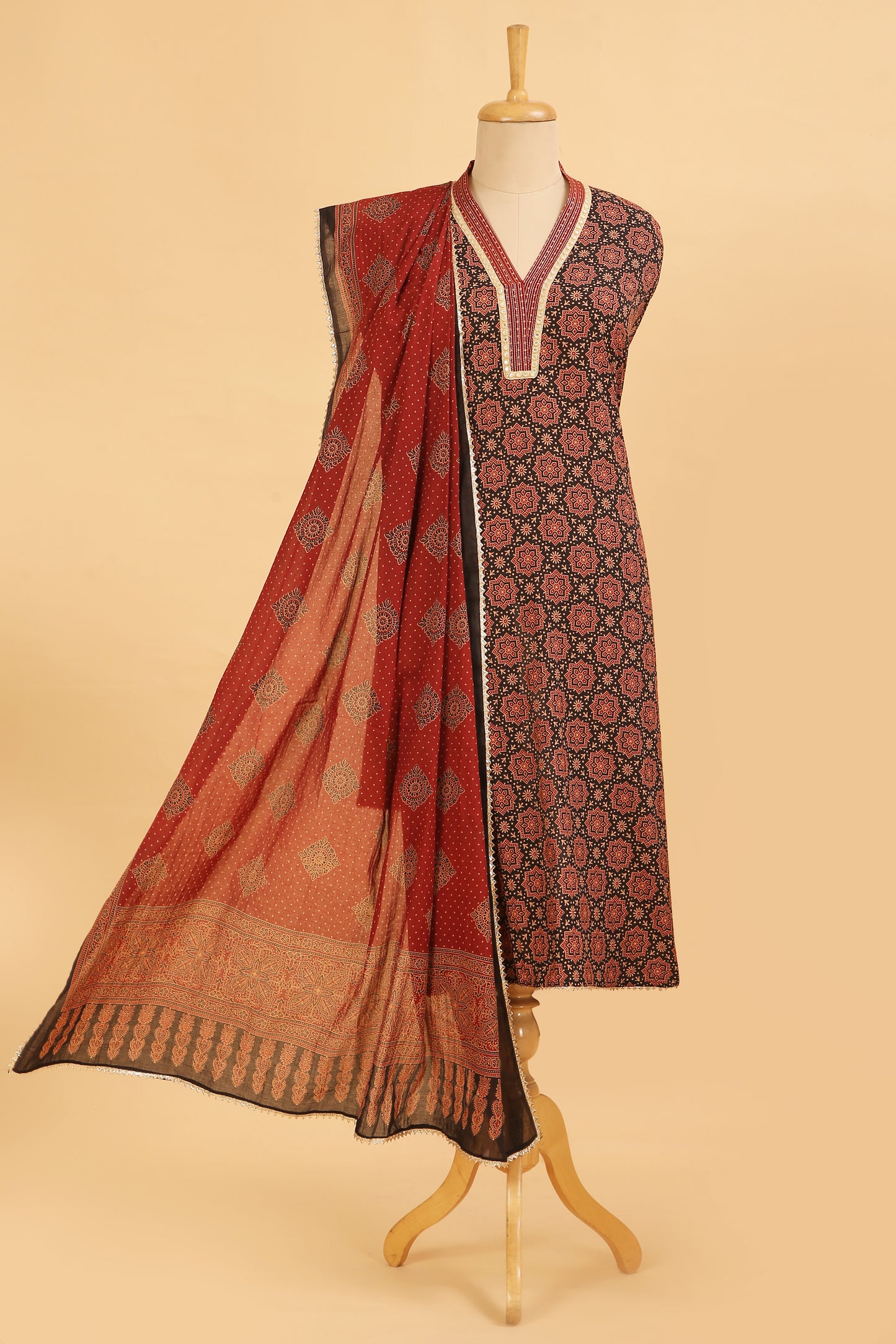 Black Ajrakh Pure Cotton unstitched suit set with Red Pure Cotton Printed Dupatta