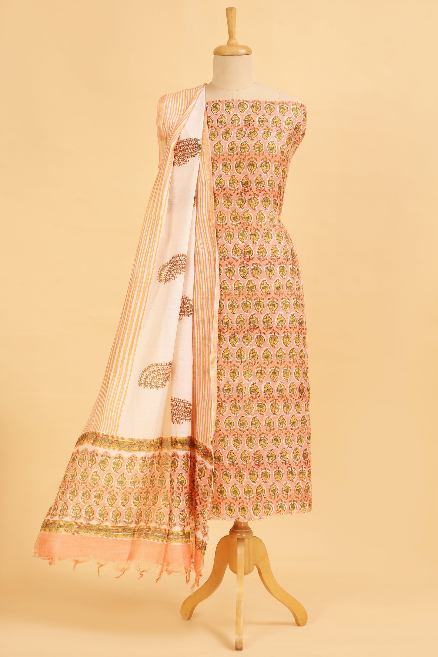 Peach Pure Hand Block Chanderi unstitched suit set with pure Cotton striped handblock Bottom