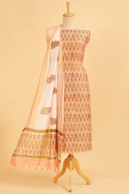 Peach Pure Hand Block Chanderi unstitched suit set with pure Cotton striped handblock Bottom