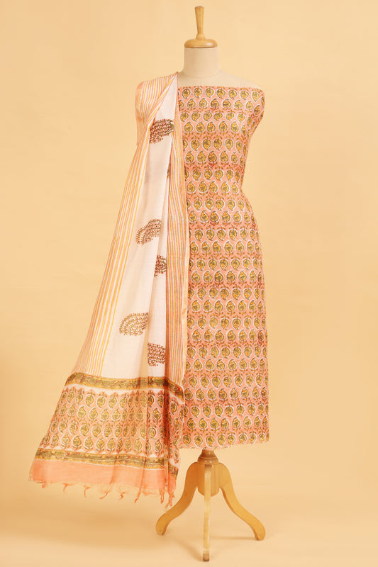Peach Pure Hand Block Chanderi unstitched suit set with pure Cotton striped handblock Bottom