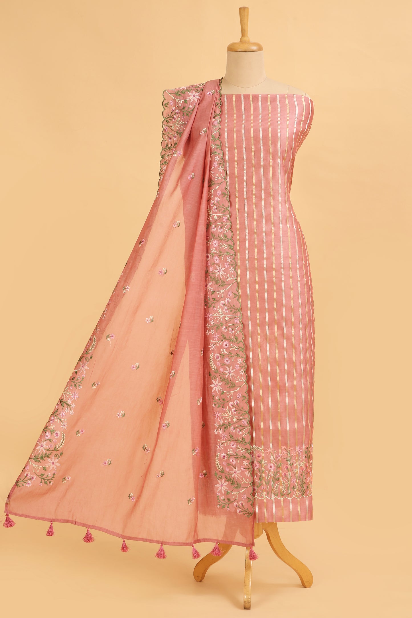Peach Pure chanderi silk unstitched suit set in sona rupa striped weaving paired with multi colour emroidered dupatta