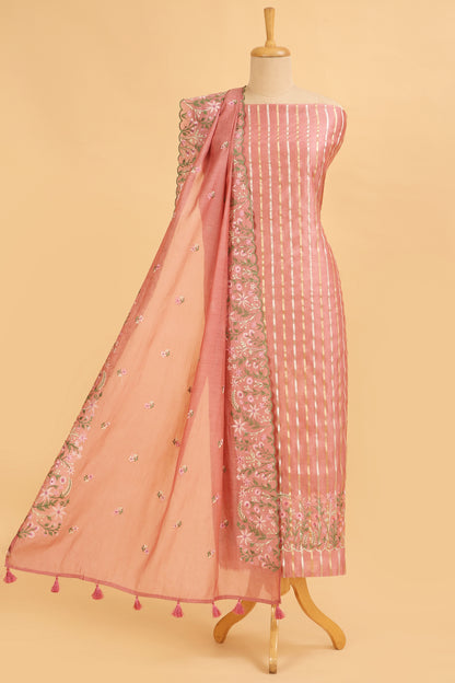 Peach Pure chanderi silk unstitched suit set in sona rupa striped weaving paired with multi colour emroidered dupatta