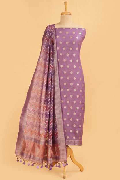 Mauve Banarasi Chanderi Silk unstitched suit set in Zari Buti woven shirt paired with Rangkaat and woven dupatta