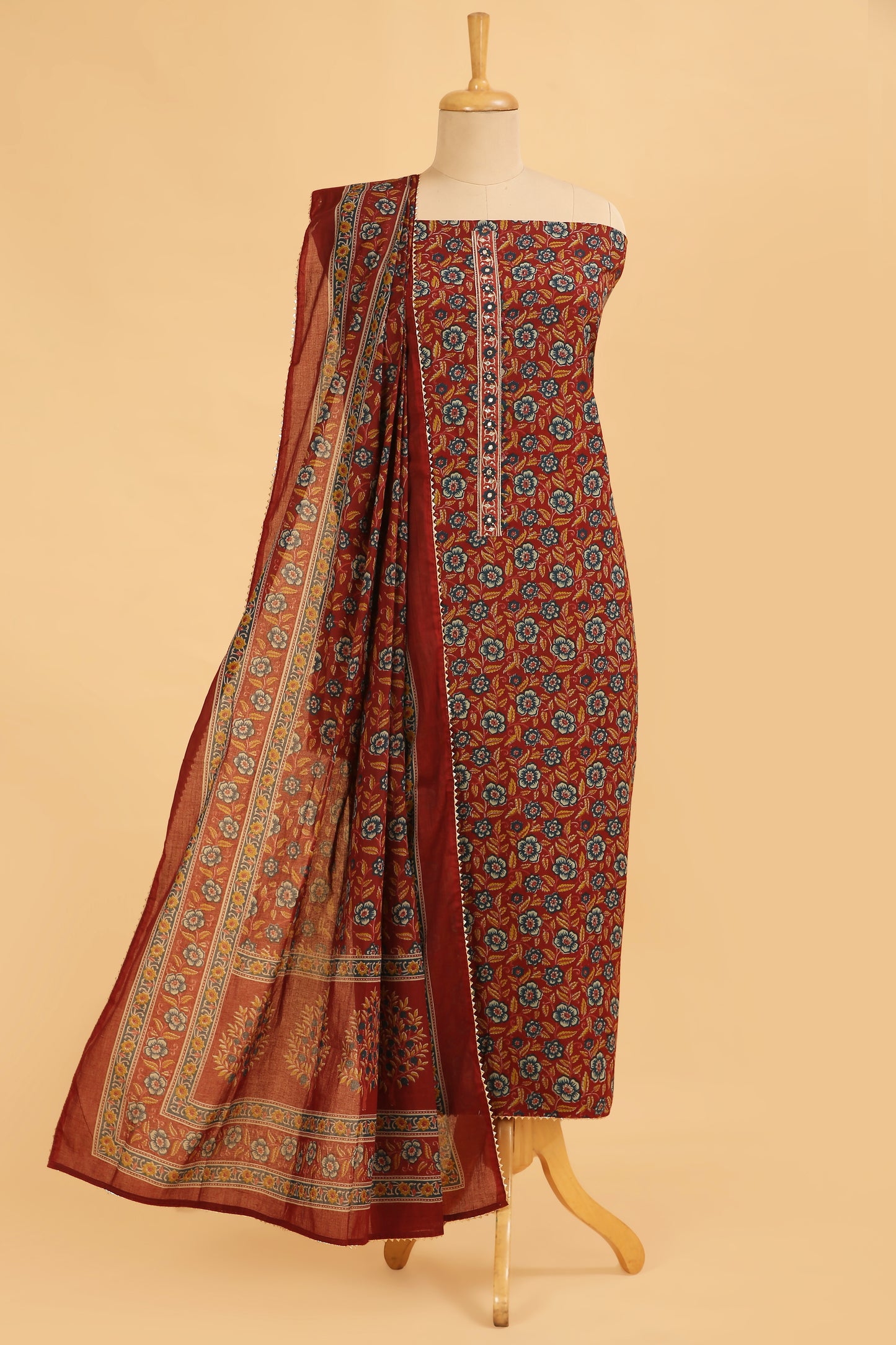 Red Bloom Pure Cotton unstitched suit set with sanganeri print
