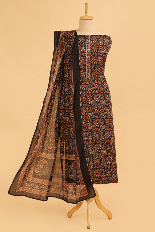 Black Bloom Pure Cotton unstitched suit set with sanganeri print