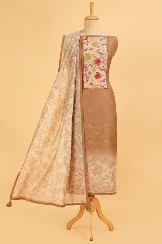 Mustard with beige Chanderi unstitched suit set in Kantha work on neck and kantha print on shirt and dupatta