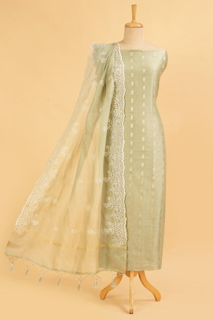 Pastel Green Pure Chanderi Unstitched Suit in buti weaving with Pure Organza embroidered dupatta