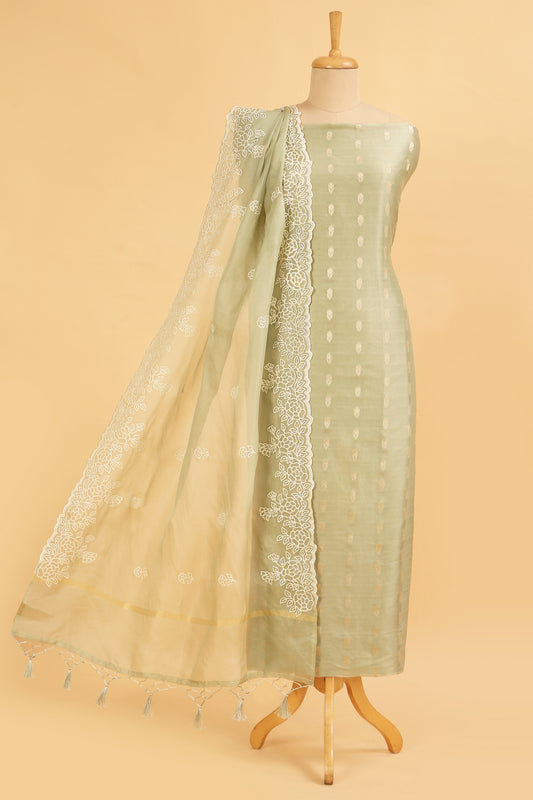 Pastel Green Pure Chanderi Unstitched Suit in buti weaving with Pure Organza embroidered dupatta