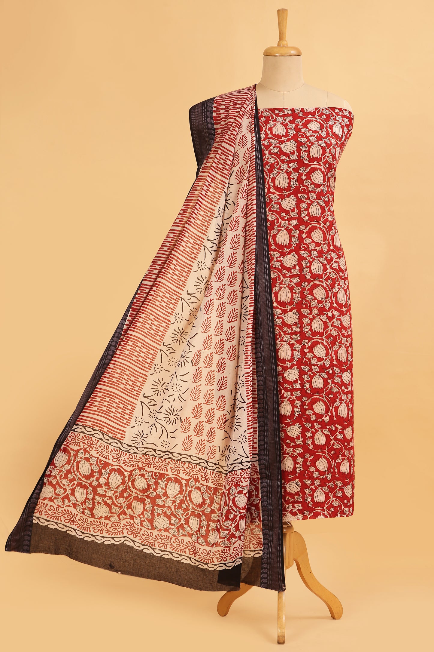 Red Kalamkari Pure Cotton hand block unstitched Suit set with hand block printed dupatta