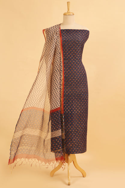 Blue Hand Block Pure Kota Cotton unstitched suit set in Kota doria handblock shirt and dupatta with contrast plain cotton bottom
