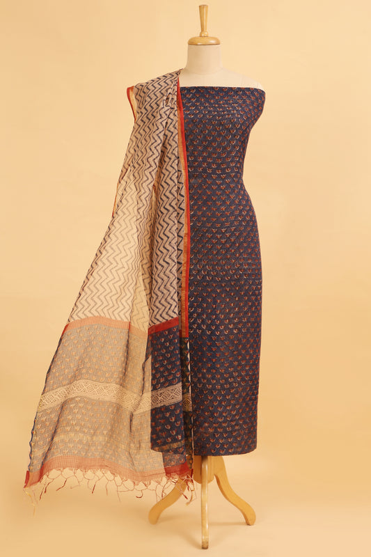 Blue Hand Block Pure Kota Cotton unstitched suit set in Kota doria handblock shirt and dupatta with contrast plain cotton bottom