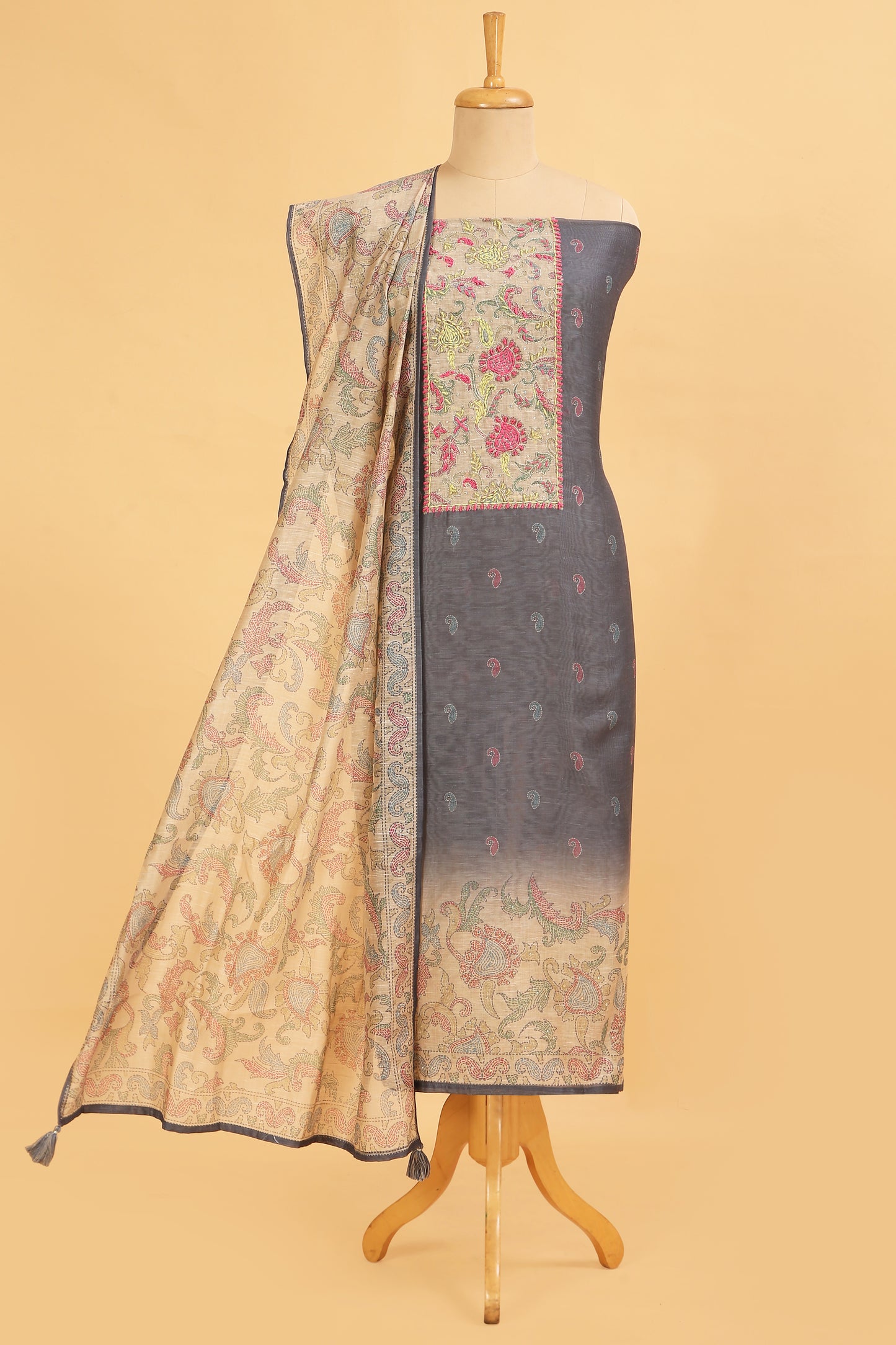 Grey with beige Chanderi unstitched suit set in Kantha work on neck and kantha print on shirt and dupatta