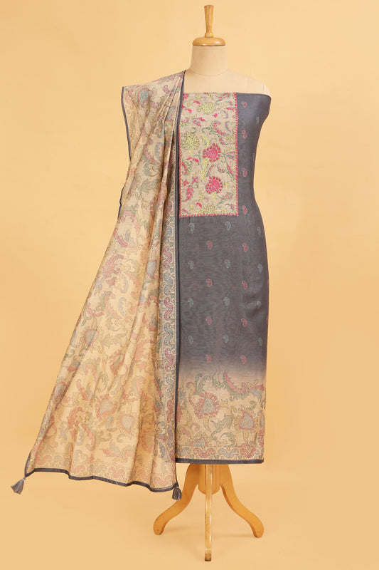 Grey with beige Chanderi unstitched suit set in Kantha work on neck and kantha print on shirt and dupatta