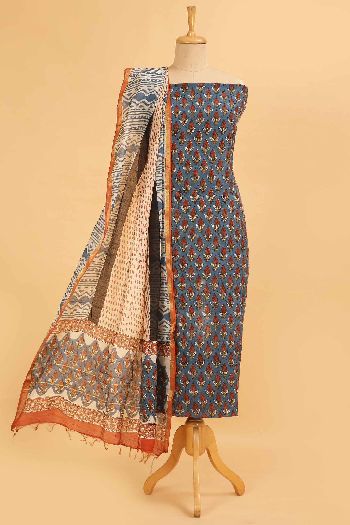 Blue Hand Block pure Chanderi unstitched suit set in handblock shirt and dupatta with contrast plain cotton bottom