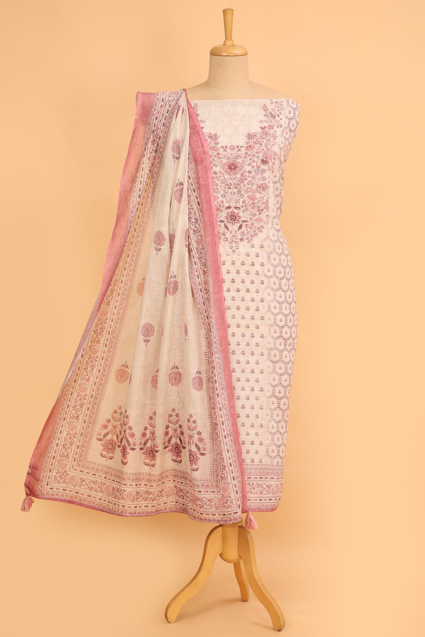 Off White and pink Linen blend unstitched suit fabric in Print with Minimal Embroidery work on neck with Linen Blend printed Dupatta