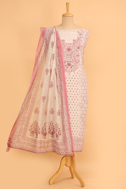 Off White and pink Linen blend unstitched suit fabric in Print with Minimal Embroidery work on neck with Linen Blend printed Dupatta
