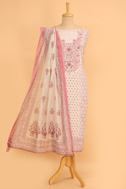 Off White and pink Linen blend unstitched suit fabric in Print with Minimal Embroidery work on neck with Linen Blend printed Dupatta