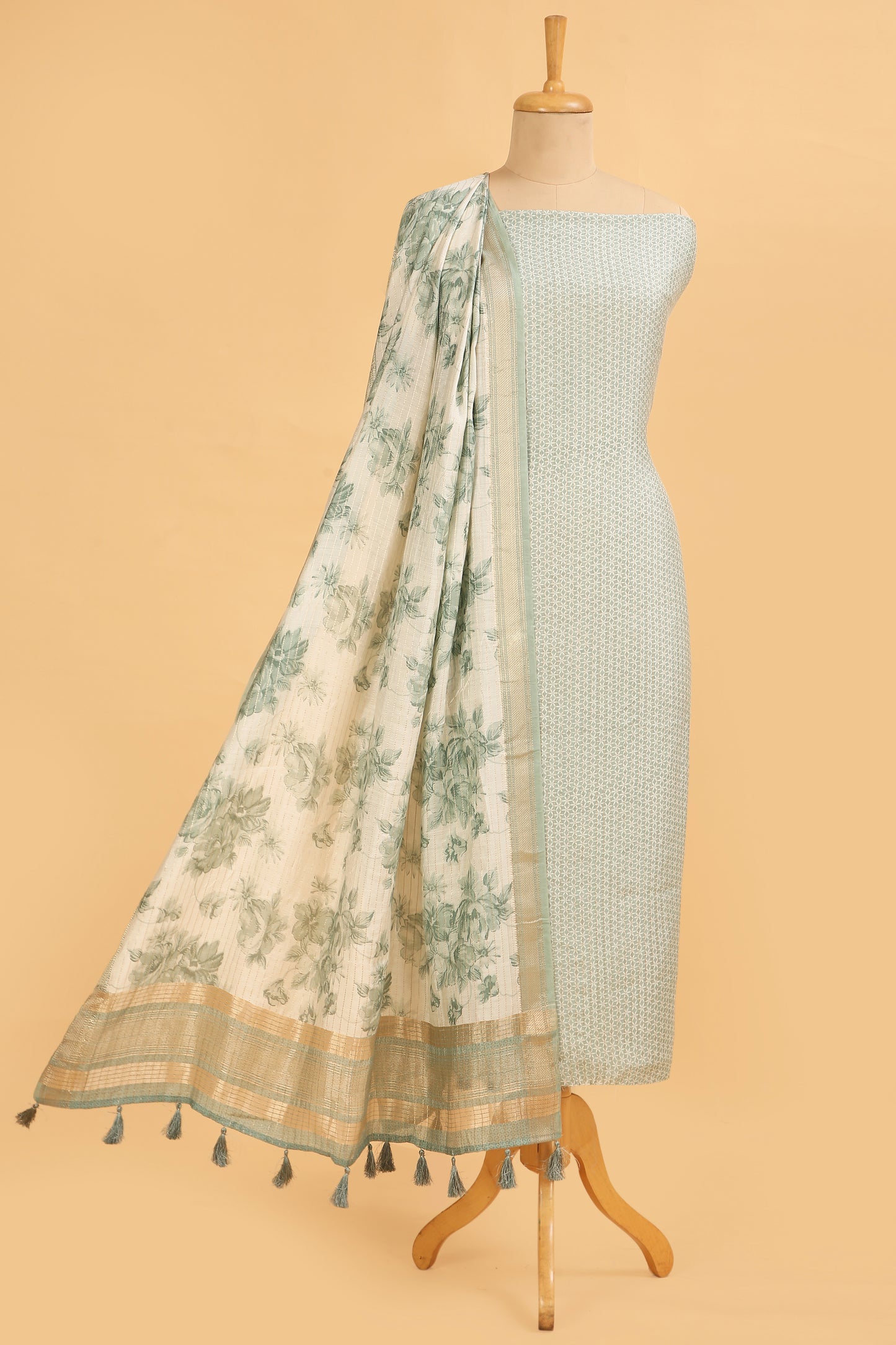 Sea Green Silk Unstitched suit set in Print and Zari woven stripes on shirt with Self Contrast Floral Printed and Zari woven Dupatta