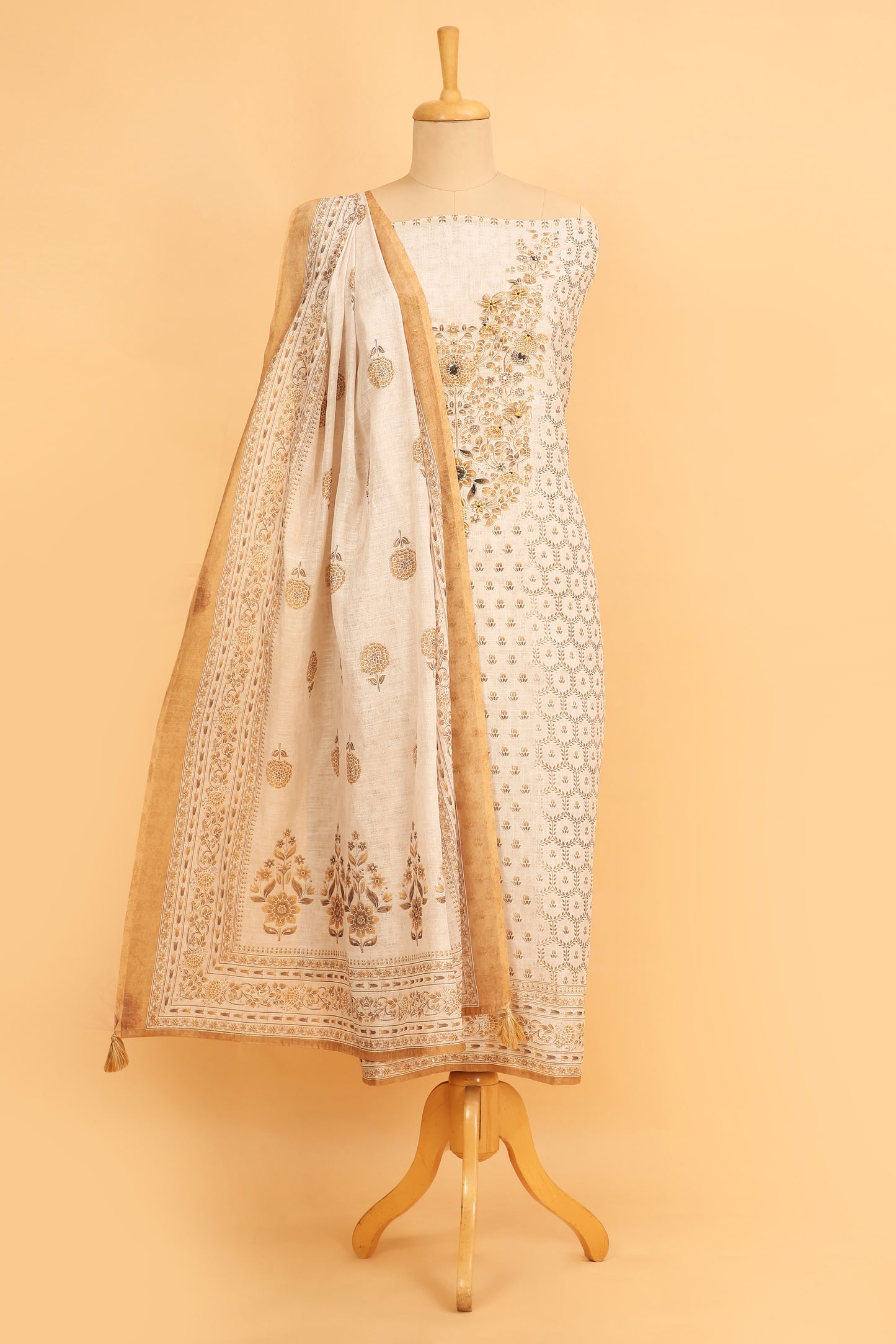 Off White and mustard Linen blend unstitched suit fabric in Print with Minimal Embroidery work on neck with Linen Blend printed Dupatta