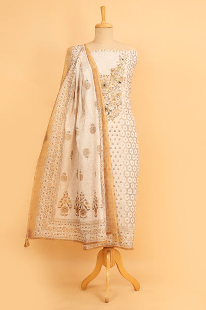 Off White and mustard Linen blend unstitched suit fabric in Print with Minimal Embroidery work on neck with Linen Blend printed Dupatta