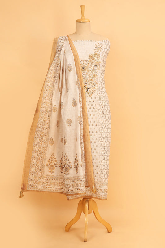 Off White and mustard Linen blend unstitched suit fabric in Print with Minimal Embroidery work on neck with Linen Blend printed Dupatta