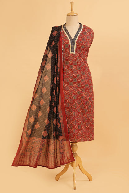 Red Ajrakh Pure Cotton unstitched suit set with Black Pure Cotton Printed Dupatta
