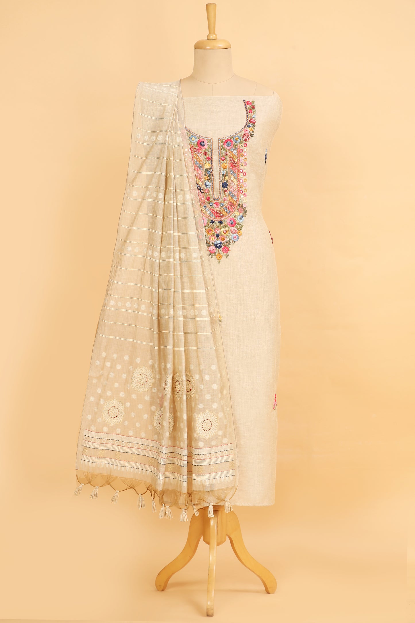 Off White Jamdani unstitched suit fabric with Multi Color French knot embroidery on neck with Jamdani weaved dupatta