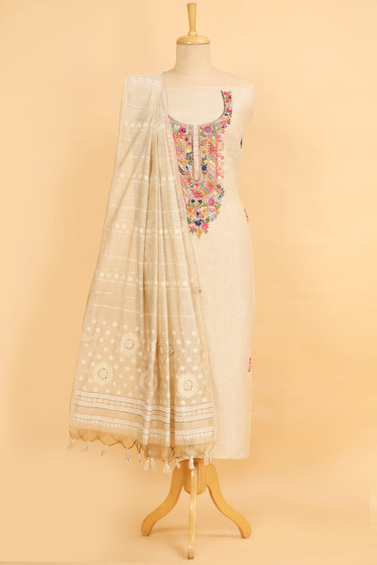 Off White Jamdani unstitched suit fabric with Multi Color French knot embroidery on neck with Jamdani weaved dupatta