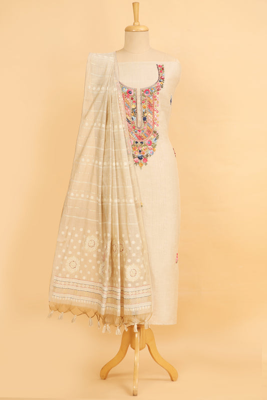 Off White Jamdani unstitched suit fabric with Multi Color French knot embroidery on neck with Jamdani weaved dupatta