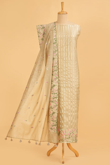 Beige Pure chanderi silk unstitched suit set in sona rupa striped weaving paired with multi colour emroidered dupatta