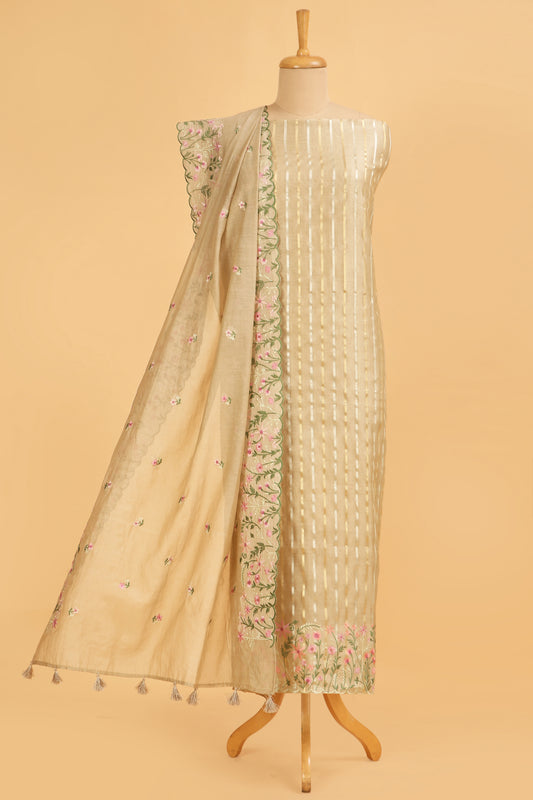Beige Pure chanderi silk unstitched suit set in sona rupa striped weaving paired with multi colour emroidered dupatta
