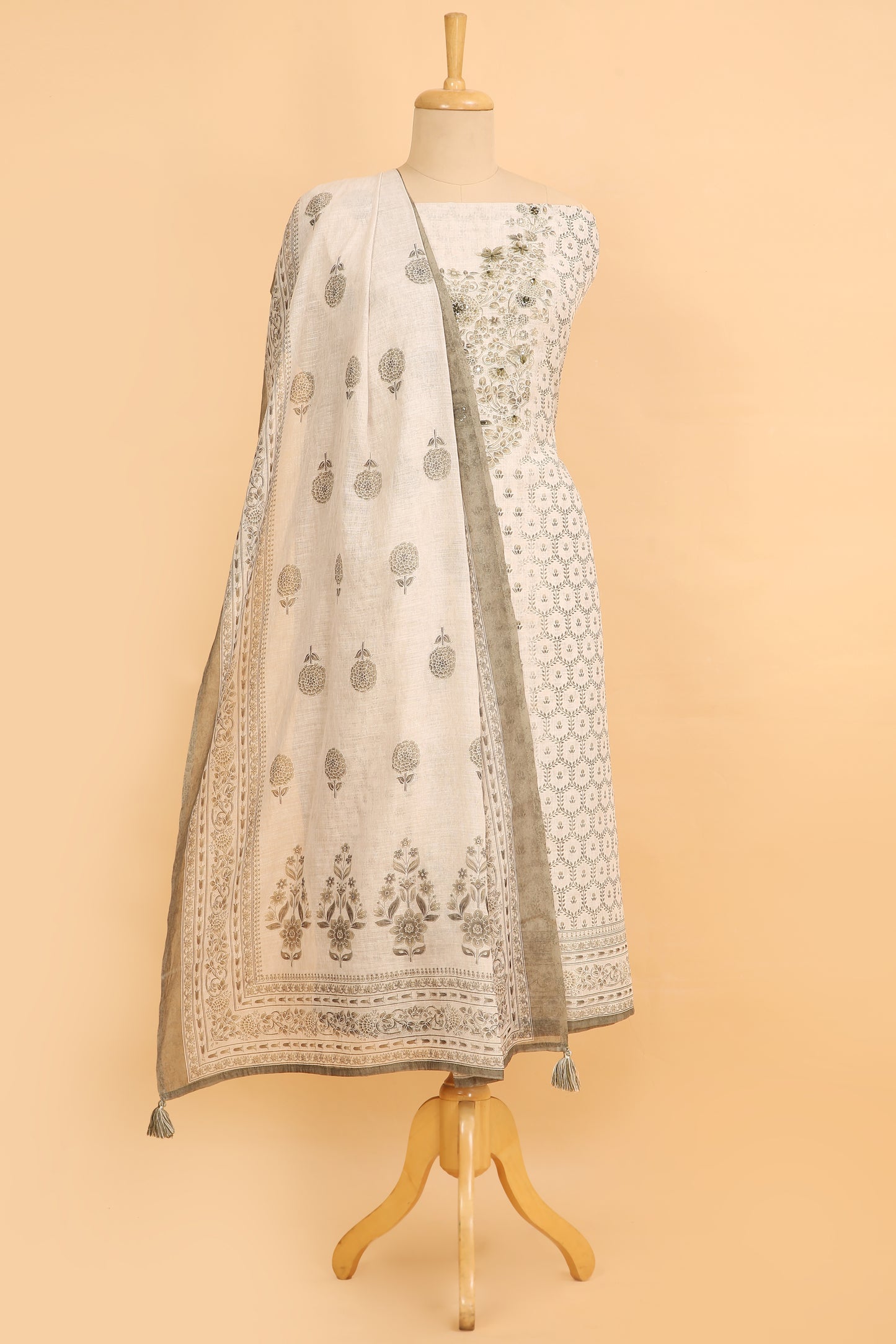 Off White and green Linen blend unstitched suit fabric in Print with Minimal Embroidery work on neck with Linen Blend printed Dupatta
