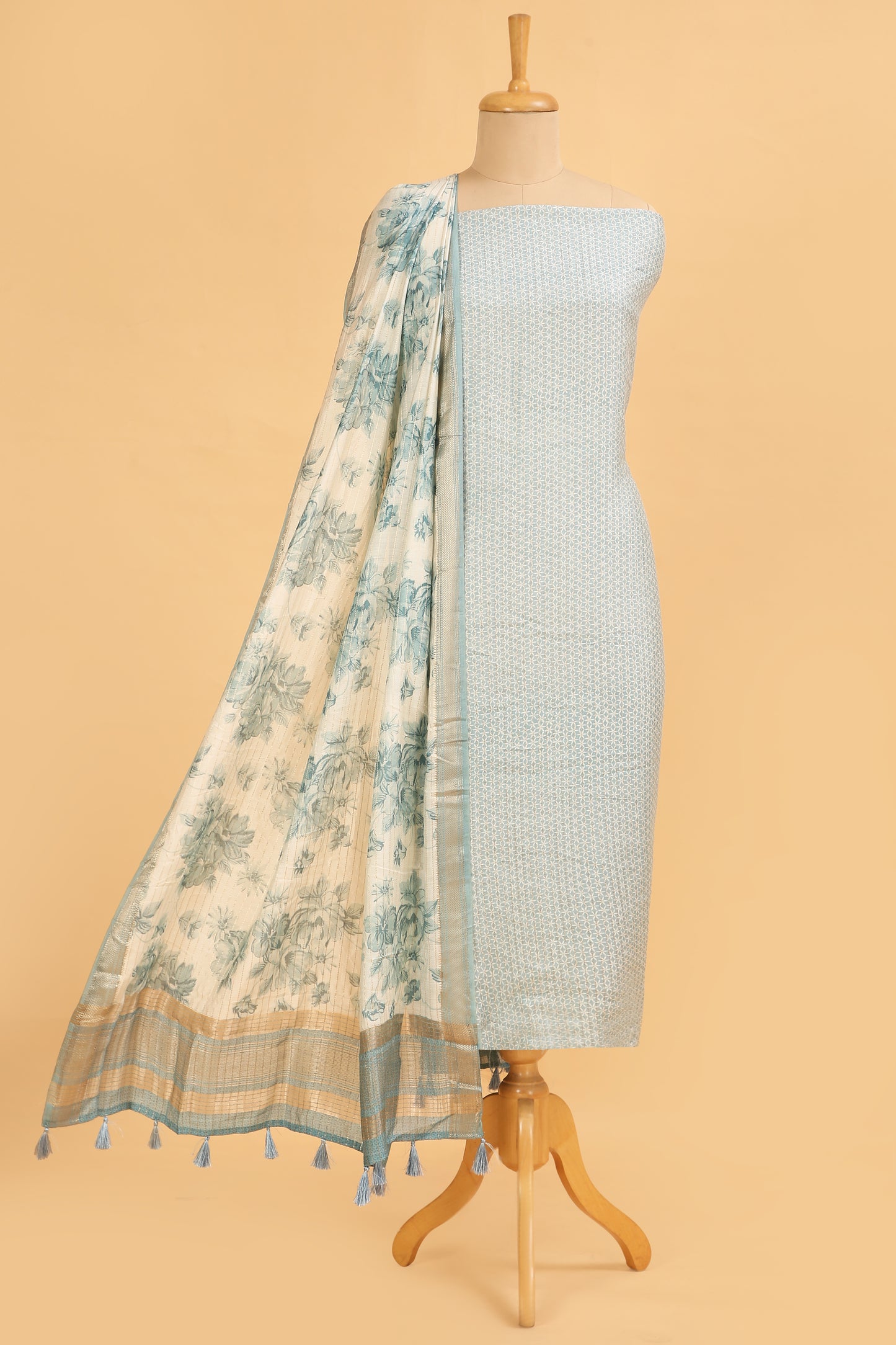 Sky Blue Assam Silk Unstitched suit set in Print and Zari woven stripes on shirt with Self Contrast Floral Printed and Zari woven Dupatta