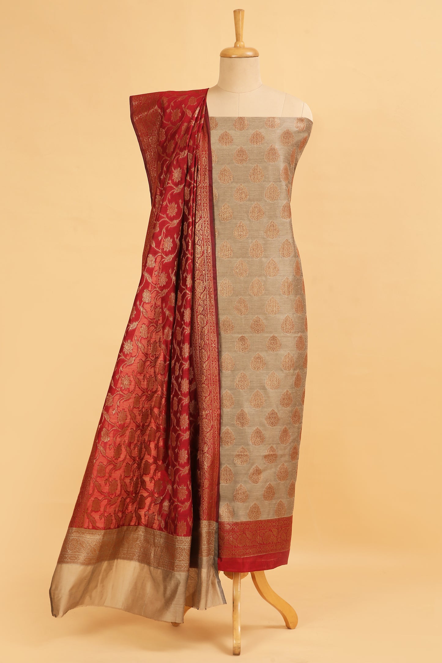 Chiku color Banarasi Cotton Silk Zari Buti Woven Unstitched suit with Red Contrast Jaal Woven Dupatta
