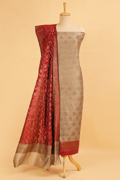 Chiku color Banarasi Cotton Silk Zari Buti Woven Unstitched suit with Red Contrast Jaal Woven Dupatta