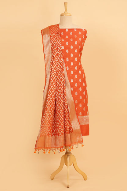Orange Banarasi Chanderi Silk unstitched suit set in Zari Buti woven shirt with Bandhani and woven dupatta