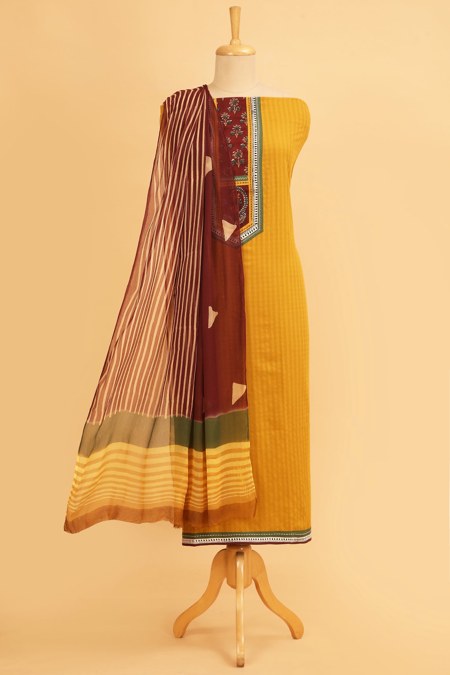 Mustard Charm Handloom unstitched Cotton Suit with hand block Maroon Cotton Bottom