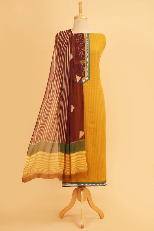 Mustard Charm Handloom unstitched Cotton Suit with hand block Maroon Cotton Bottom