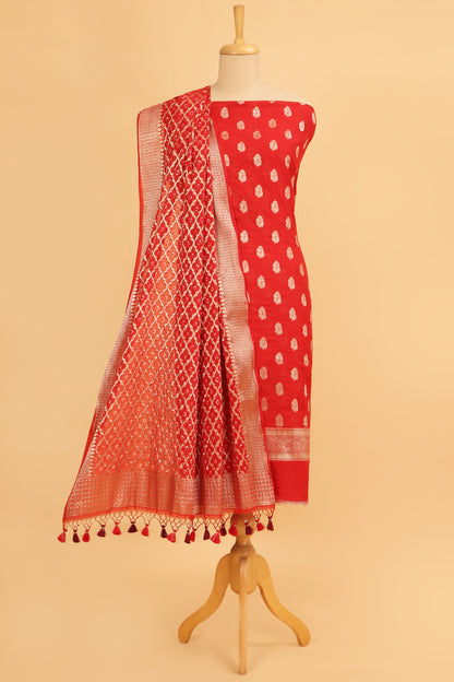 Red Banarasi Chanderi Silk unstitched suit set in Zari Buti woven shirt with Bandhani and woven dupatta