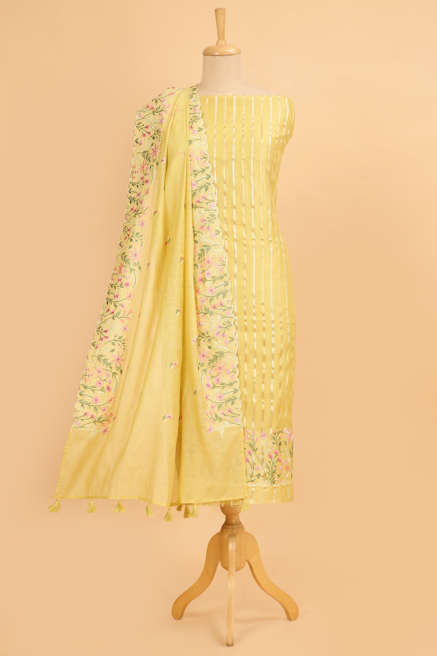 Pastel Yellow Pure chanderi silk unstitched suit set in sona rupa striped weaving paired with multi colour emroidered dupatta