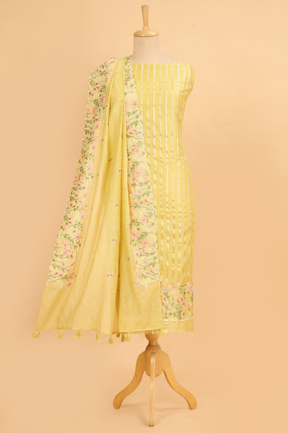 Pastel Yellow Pure chanderi silk unstitched suit set in sona rupa striped weaving paired with multi colour emroidered dupatta