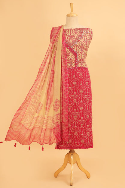 Pink with Beige printed pure cotton unstitched suit set with chiffon printed dupatta