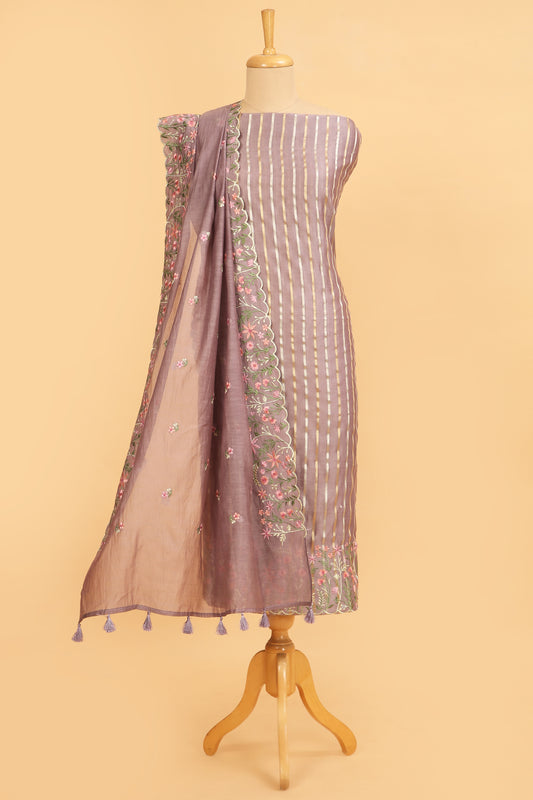 Light Purple Pure chanderi silk unstitched suit set in sona rupa striped weaving paired with multi colour emroidered dupatta