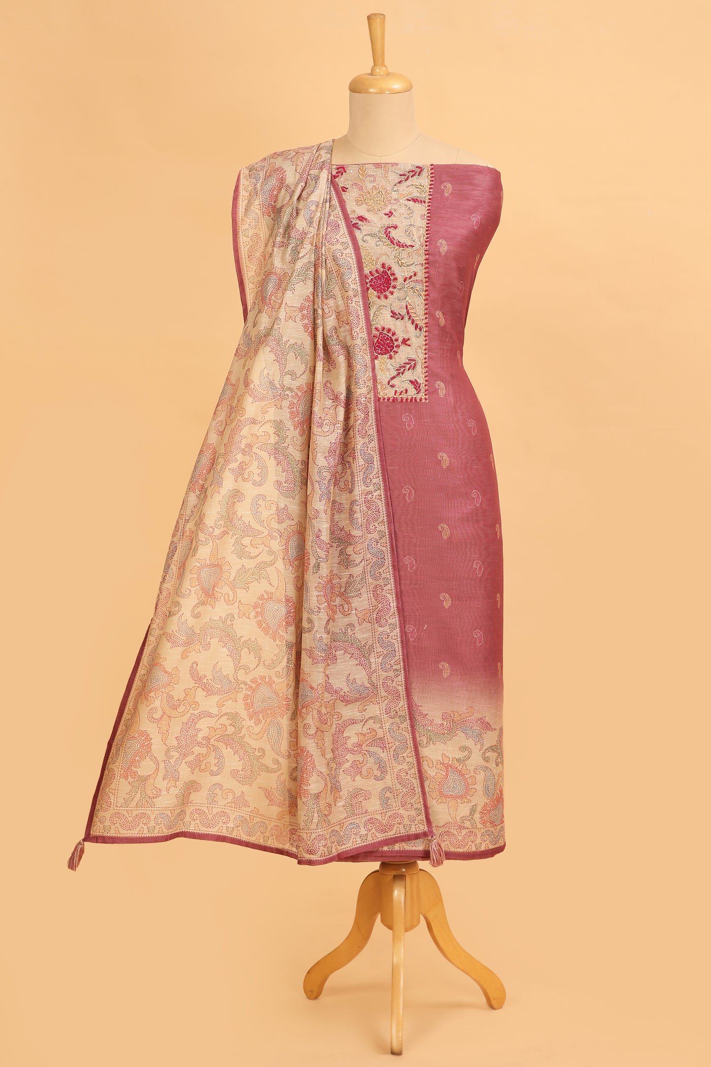 Pink with beige Chanderi unstitched suit set in Kantha work on neck and kantha print on shirt and dupatta